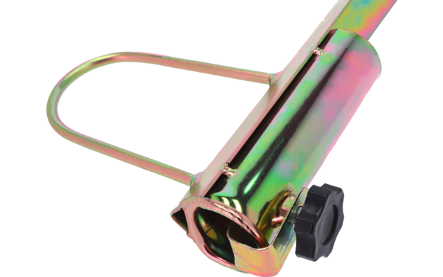 Metallisches U-förmiges Drahtbügel mit zylindrischem Metallkörper in irisierendem Finish und schwarzem Kunststoffknopf auf weißem Hintergrund