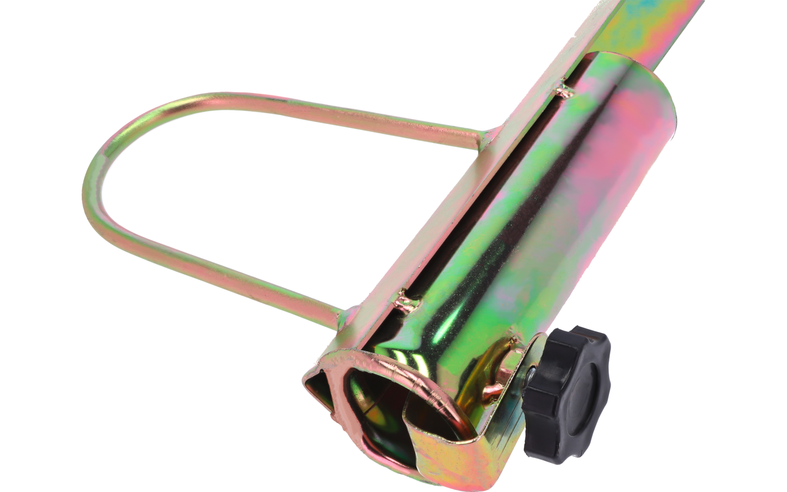 Metallisches U-förmiges Drahtbügel mit zylindrischem Metallkörper in irisierendem Finish und schwarzem Kunststoffknopf auf weißem Hintergrund