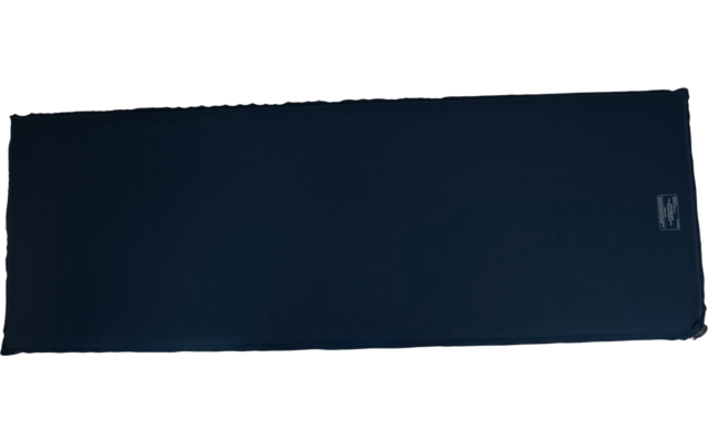 Dunkelblaue, rechteckige Matte mit abgerundeten Ecken und kleinem weißen Etikett oben rechts