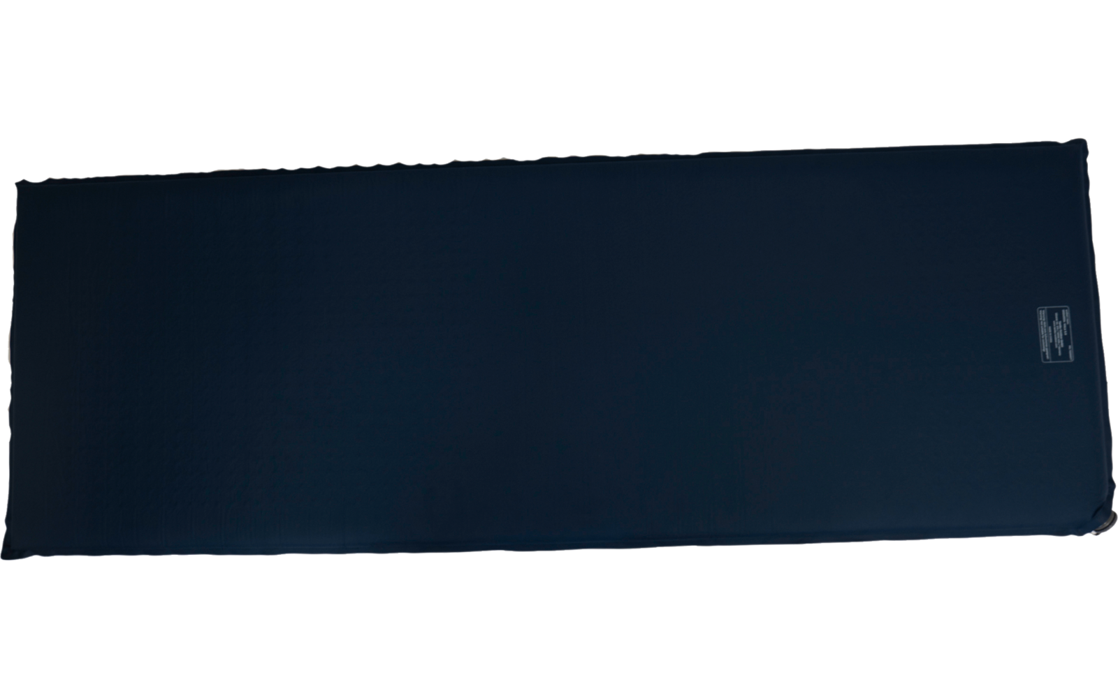 Dunkelblaue, rechteckige Matte mit abgerundeten Ecken und kleinem weißen Etikett oben rechts