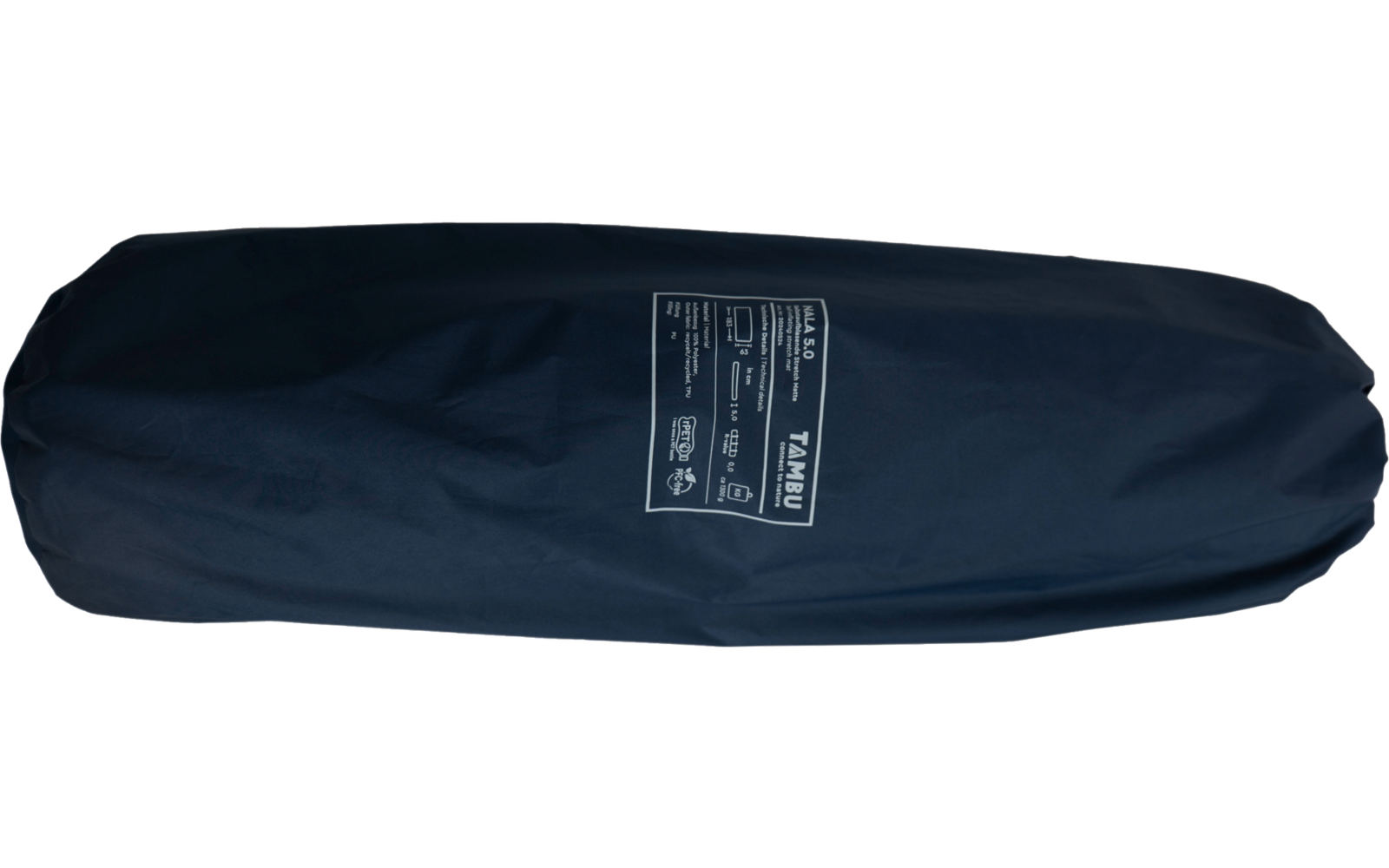 Dunkelblauer, länglicher Stoffbeutel mit rechteckigem weißen Etikett mit Text und Symbolen