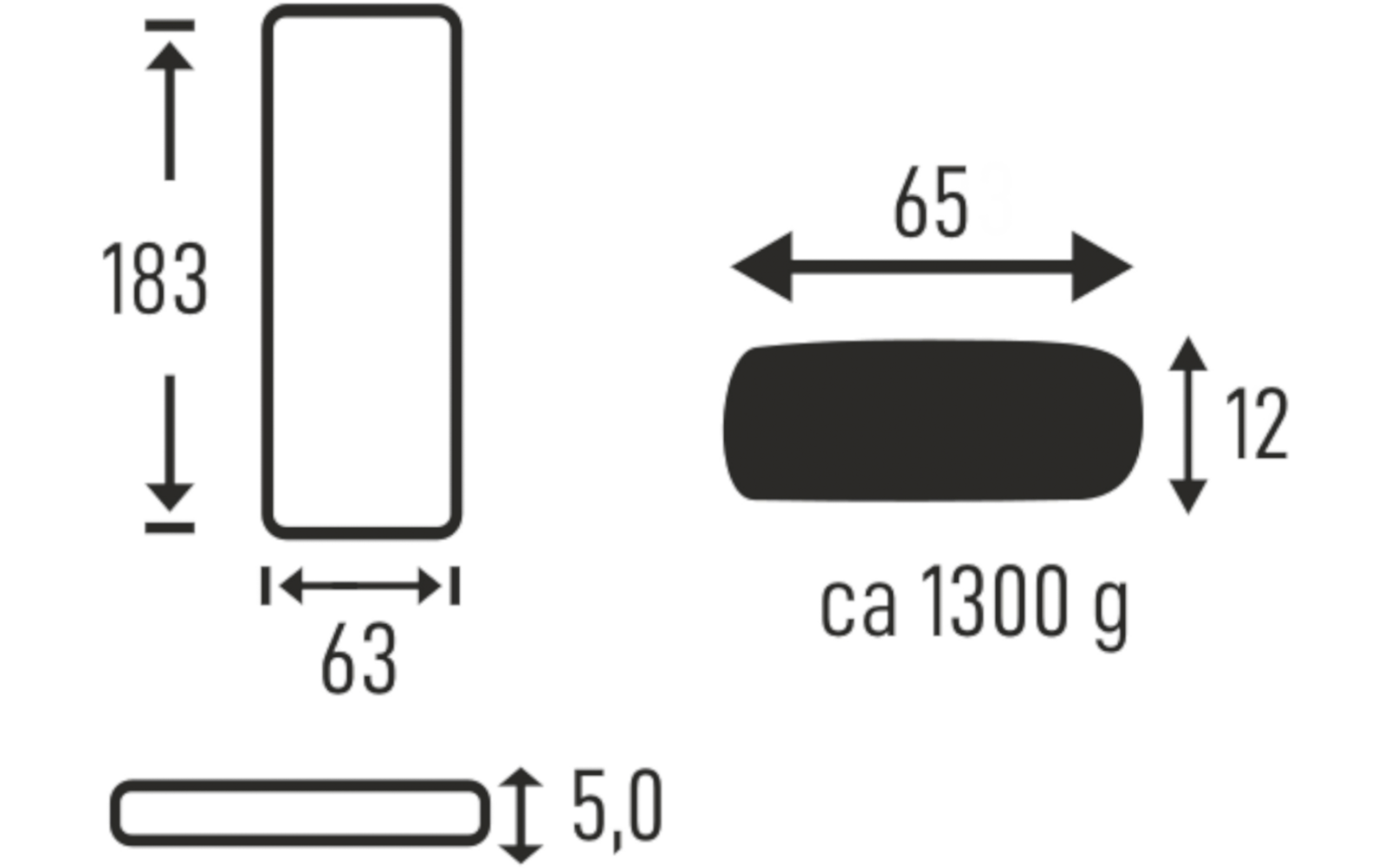 Schematische Abbildungen: stehendes abgerundetes Rechteck mit Pfeilen und Zahlen 183 und 63; dünnes Seitenprofil mit 5,0; horizontale abgerundete Form mit Pfeilen und Zahlen 65 und 12 und Text 'ca 1300 g'