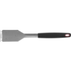 Spatule plate en métal avec lame large et rectangulaire et coin supérieur droit biseauté, tige métallique et manche en plastique noir avec trou de suspension