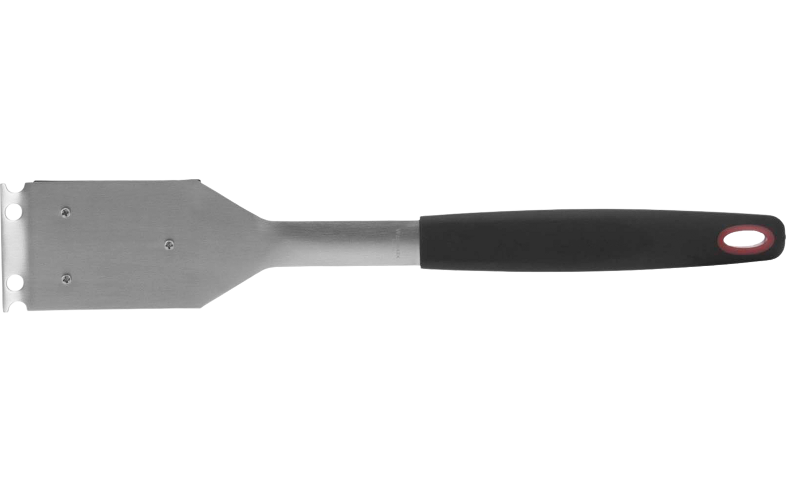 Spatule plate en métal avec lame large et rectangulaire et coin supérieur droit biseauté, tige métallique et manche en plastique noir avec trou de suspension