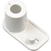 Objet en plastique blanc avec une douille cylindrique percée au centre, base rectangulaire aux coins arrondis, petit ergot rond, fente allongée et marquages en relief