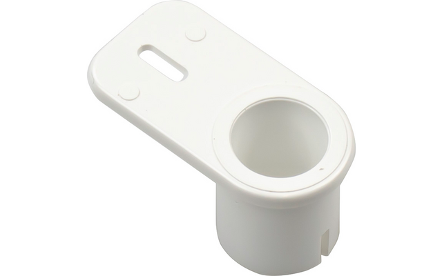 Pièce en plastique blanche avec ouverture cylindrique ronde et plaque plate avec fente et deux dépressions circulaires