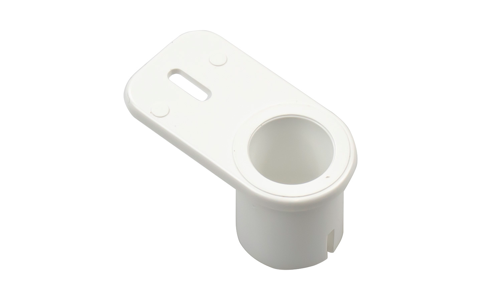 Pièce en plastique blanche avec ouverture cylindrique ronde et plaque plate avec fente et deux dépressions circulaires