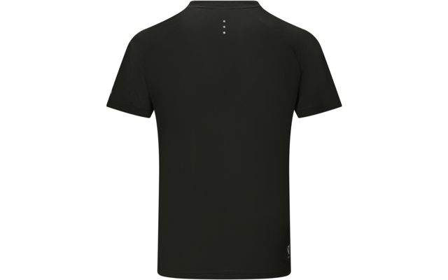 Schwarzes T-Shirt, Rückansicht, kurze Ärmel, Rundhalsausschnitt, drei kleine weiße Punkte oberhalb der Rückenmitte, kleines weißes Logo am unteren rechten Saum, weißer Hintergrund