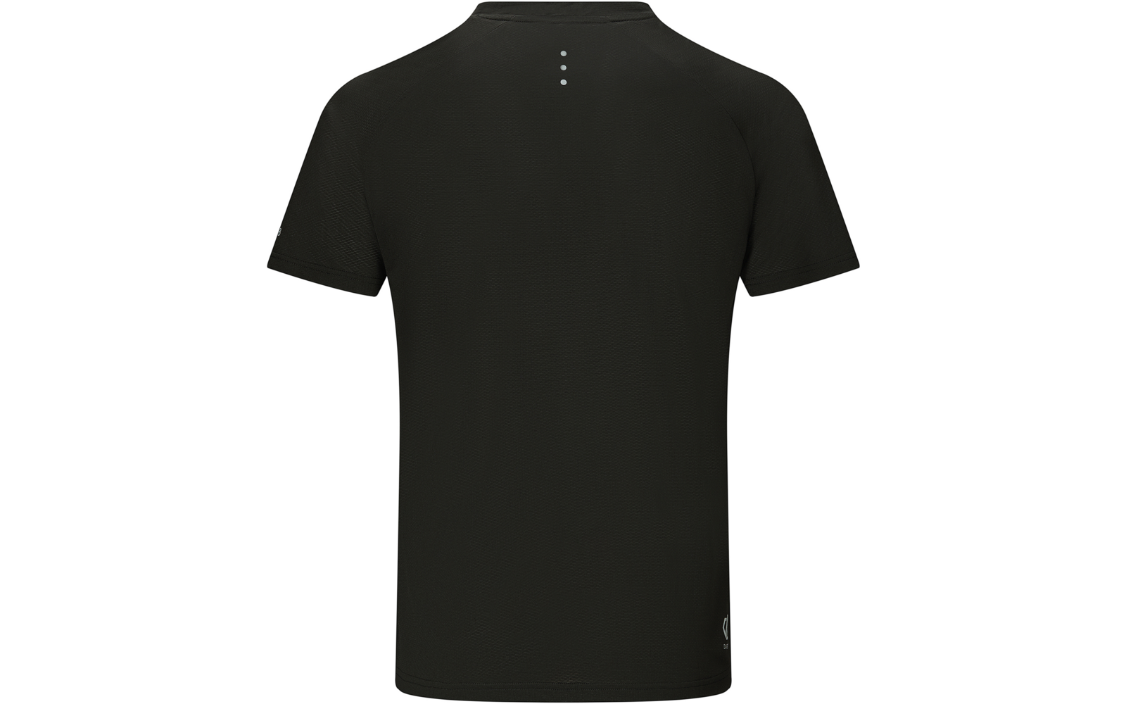 Schwarzes T-Shirt, Rückansicht, kurze Ärmel, Rundhalsausschnitt, drei kleine weiße Punkte oberhalb der Rückenmitte, kleines weißes Logo am unteren rechten Saum, weißer Hintergrund