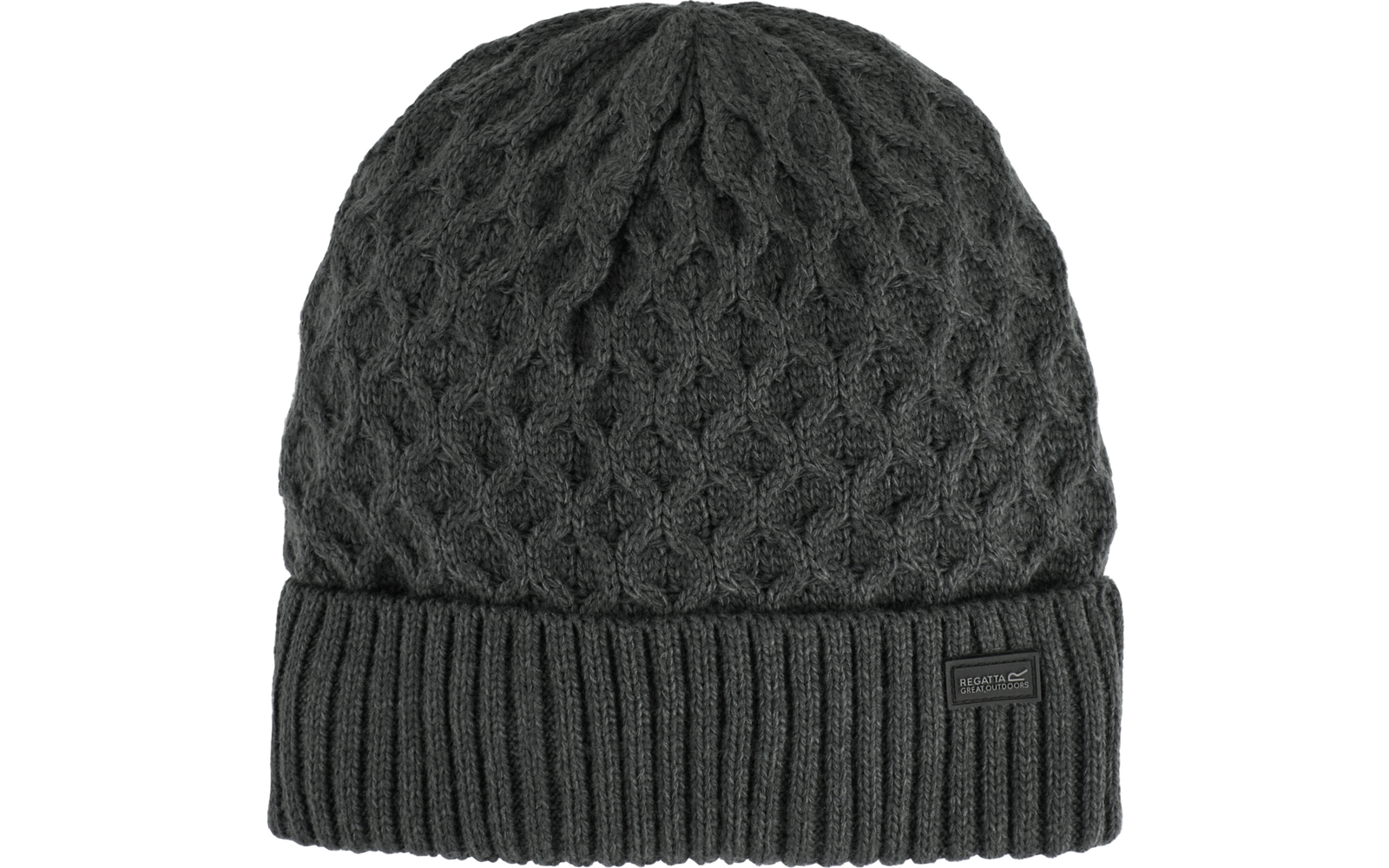 Graue gestrickte Mütze mit Rippenbündchen