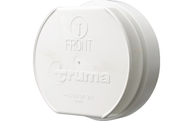 Weißer runder Kunststoffdeckel mit erhabenen Schriftzügen 'FRONT' und 'Truma'