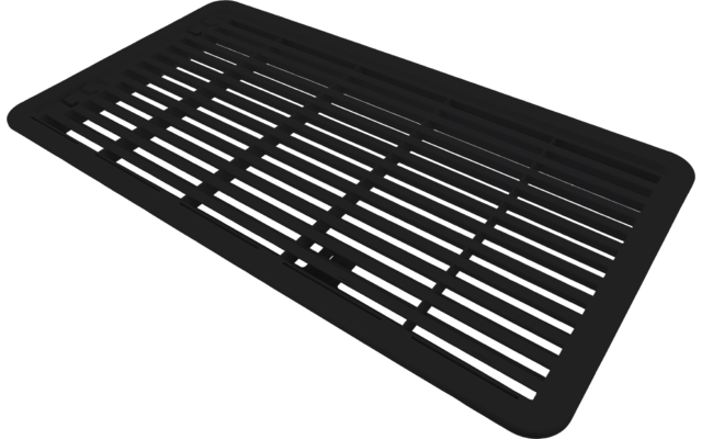 Schwarzes rechteckiges Gitter mit parallelen horizontalen Lamellen und abgerundeten Ecken, leicht schräg aufgenommen