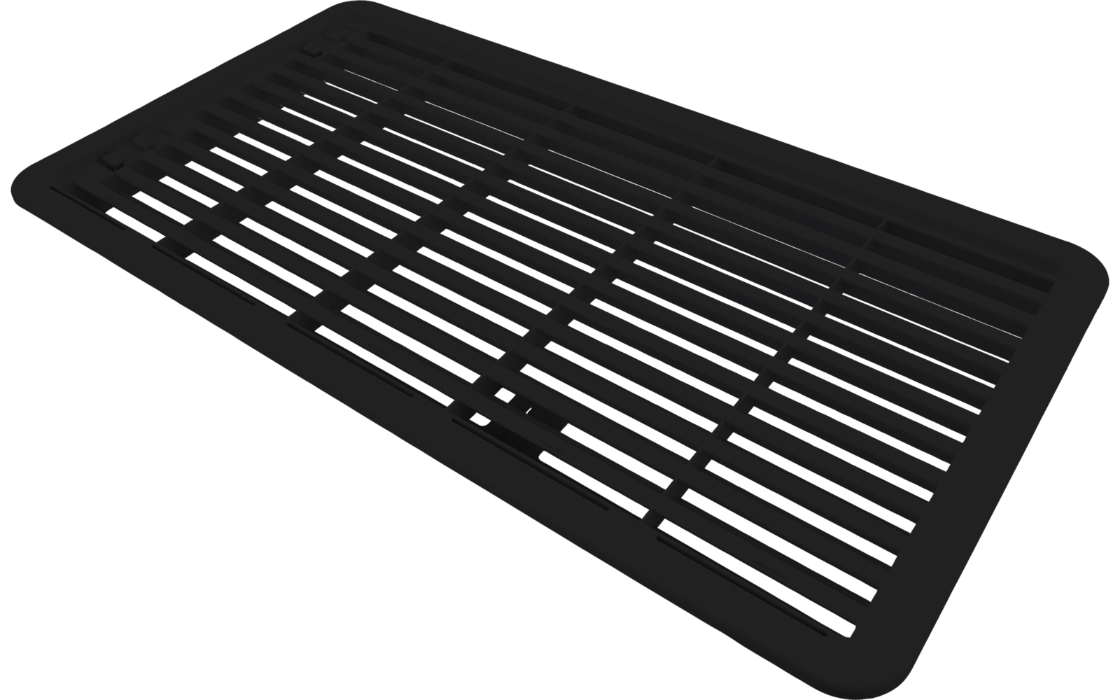 Schwarzes rechteckiges Gitter mit parallelen horizontalen Lamellen und abgerundeten Ecken, leicht schräg aufgenommen
