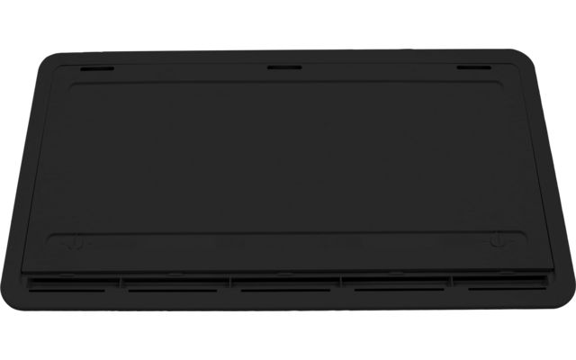 Schwarzes, flaches rechteckiges Panel mit abgerundeten Ecken, erhöhtem Rand und schmalen Schlitzen an einer Seite