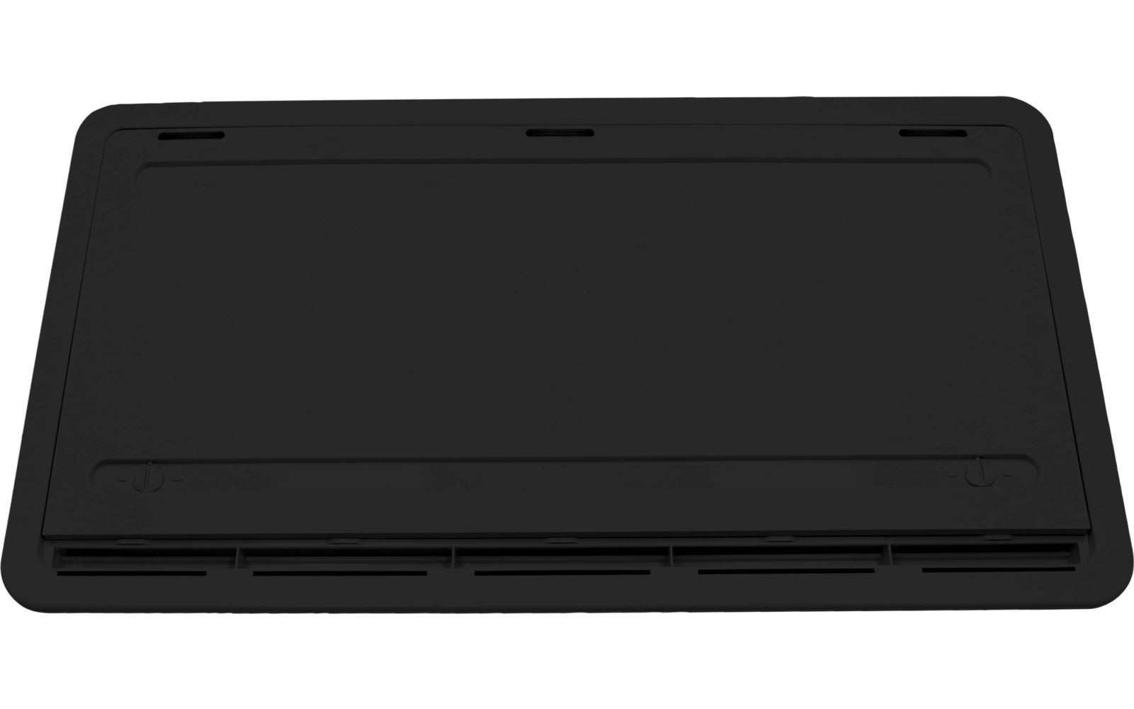 Schwarzes, flaches rechteckiges Panel mit abgerundeten Ecken, erhöhtem Rand und schmalen Schlitzen an einer Seite