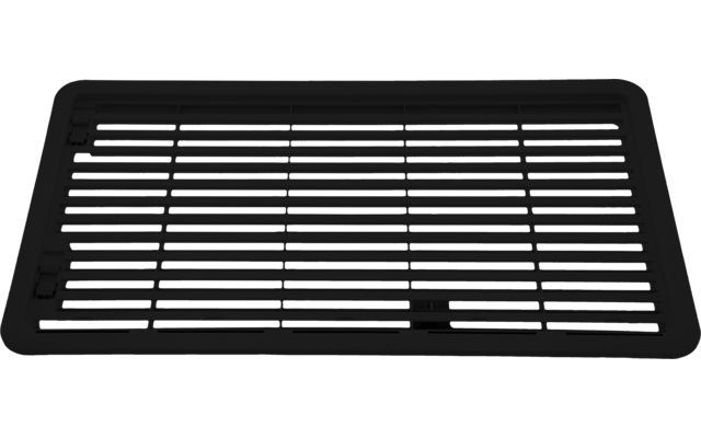 Schwarzes rechteckiges Gitter mit parallelen länglichen Schlitzen und abgerundeten Ecken