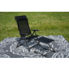 Chaise pliante noire avec accoudoirs et repose-pieds pliant noir sur une grande couverture gris et blanc à motif sur de l'herbe