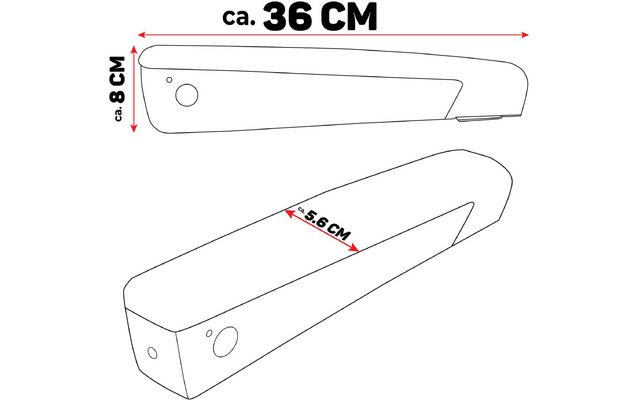 Technische tekening van twee identieke rechthoekige onderdelen met afgeronde hoeken, met een lengte van 36 cm, breedte van 8 cm en hoogte van 3,8 cm