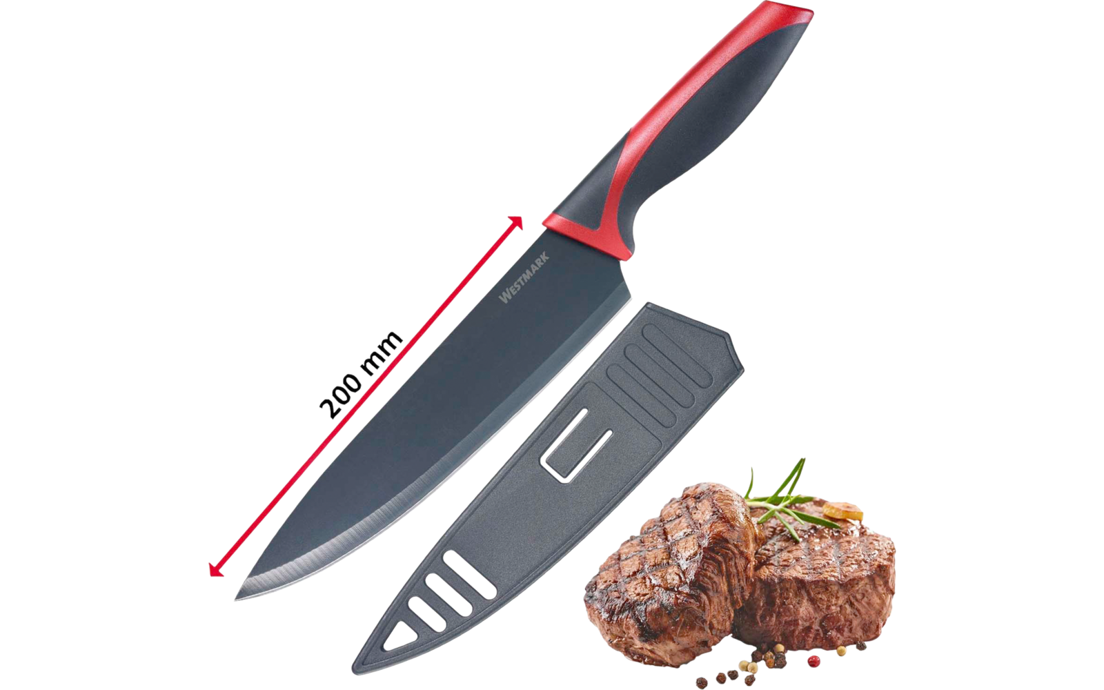 Schwarzes Messer mit schwarzer Klinge und rotem Griff, graue Messerscheide, roter Pfeil mit Beschriftung "200 mm" entlang der Klinge, zwei Steaks mit Grillmarken, Rosmarinzweig und Pfefferkörnern