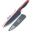 Messer mit schwarzer Klinge, rot-schwarzem Griff, rotem Pfeil und Maßangabe "200 mm" entlang der Klinge, daneben graue Kunststoffscheide