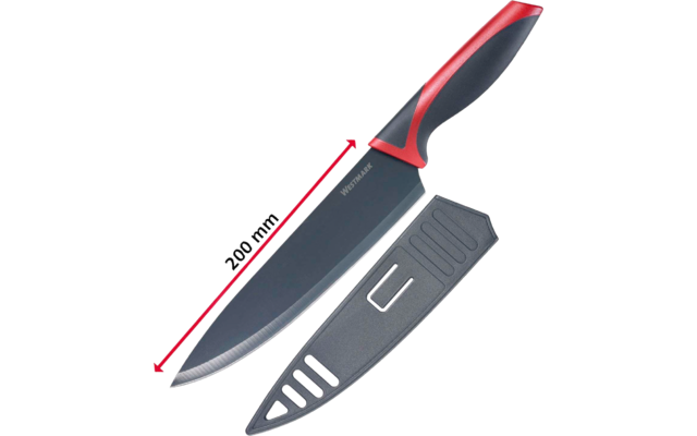 Messer mit schwarzer Klinge, rot-schwarzem Griff, rotem Pfeil und Maßangabe "200 mm" entlang der Klinge, daneben graue Kunststoffscheide