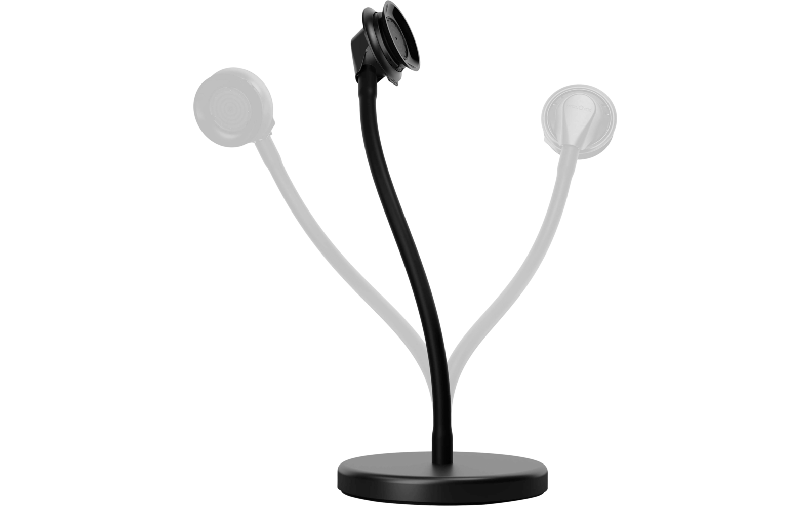Black stand with round base, flexible neck and round holder; two translucent alternate neck positions left and right