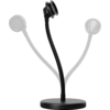 Black stand with round base, flexible neck and round holder; two translucent alternate neck positions left and right