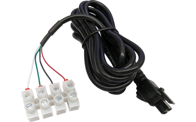 Kabel mit vier weißen Klemmen und schwarzem Netzstecker