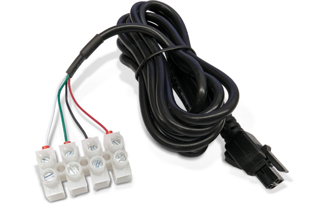 Kabel mit vier weißen Klemmen und schwarzem Netzstecker