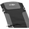 Padded black and gray backrest with printed BRUNER logo at the top, metal side hinges, and a visible black armrest at the lower left