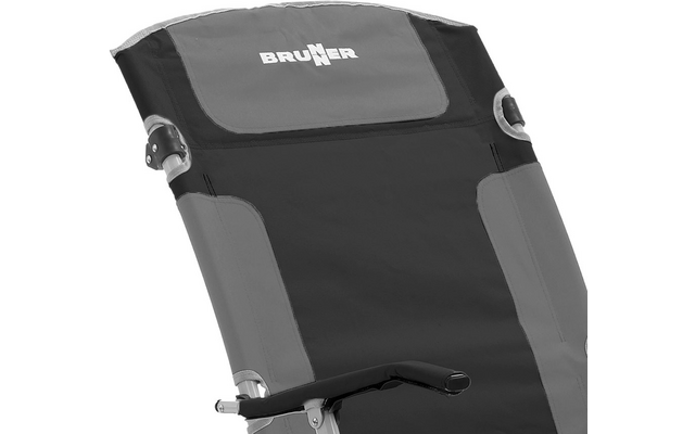 Padded black and gray backrest with printed BRUNER logo at the top, metal side hinges, and a visible black armrest at the lower left