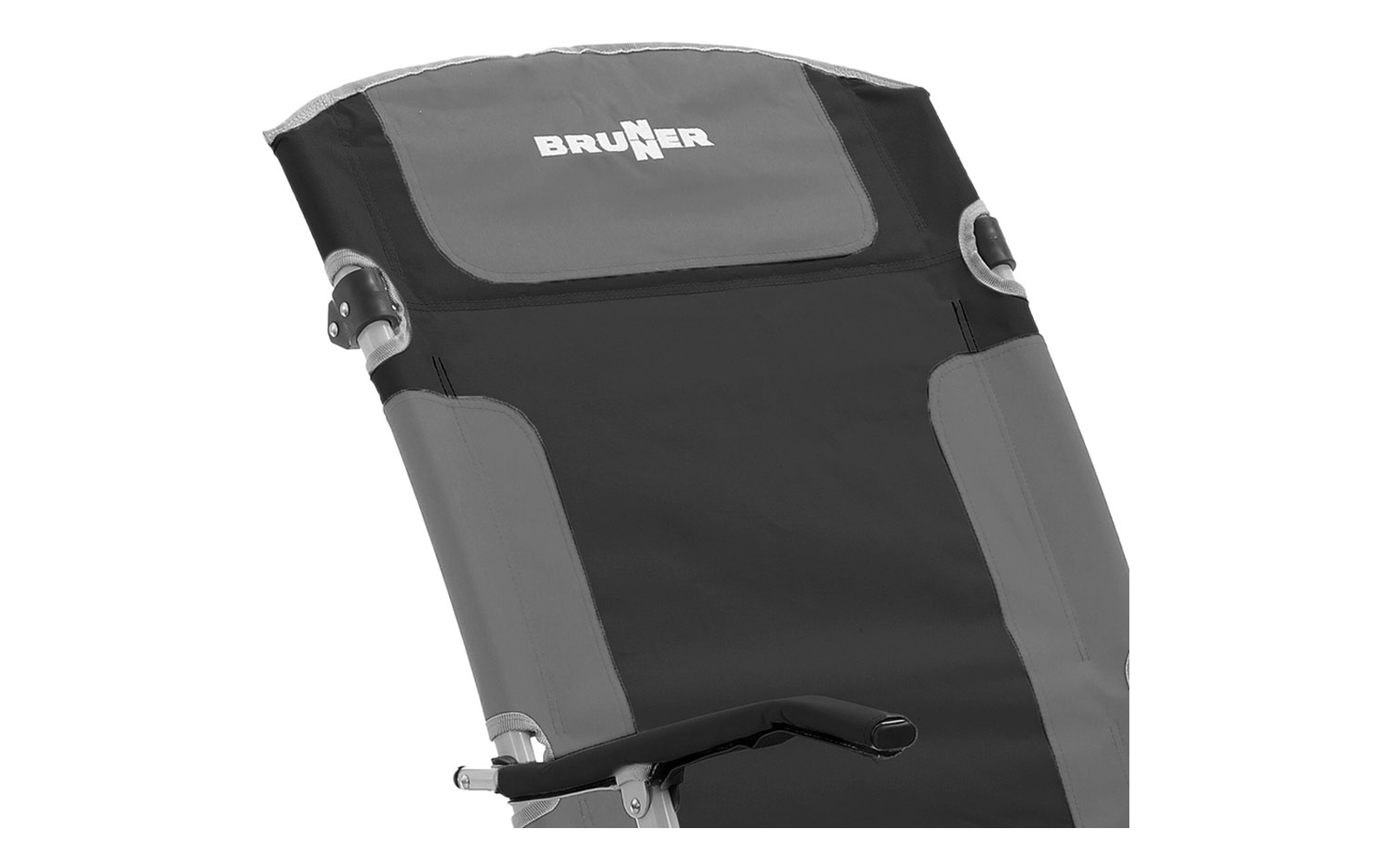 Padded black and gray backrest with printed BRUNER logo at the top, metal side hinges, and a visible black armrest at the lower left