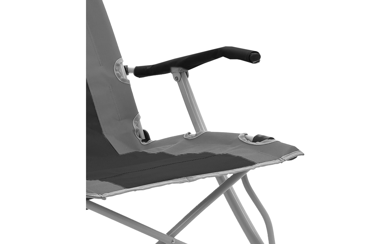 Close-up of a gray folding chair showing a padded armrest, metal frame, and a round cup holder in the seat