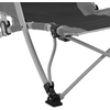 Close-up of a metal frame with a grey fabric seat, hinges and black plastic feet