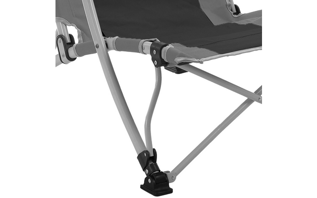 Close-up of a metal frame with a grey fabric seat, hinges and black plastic feet