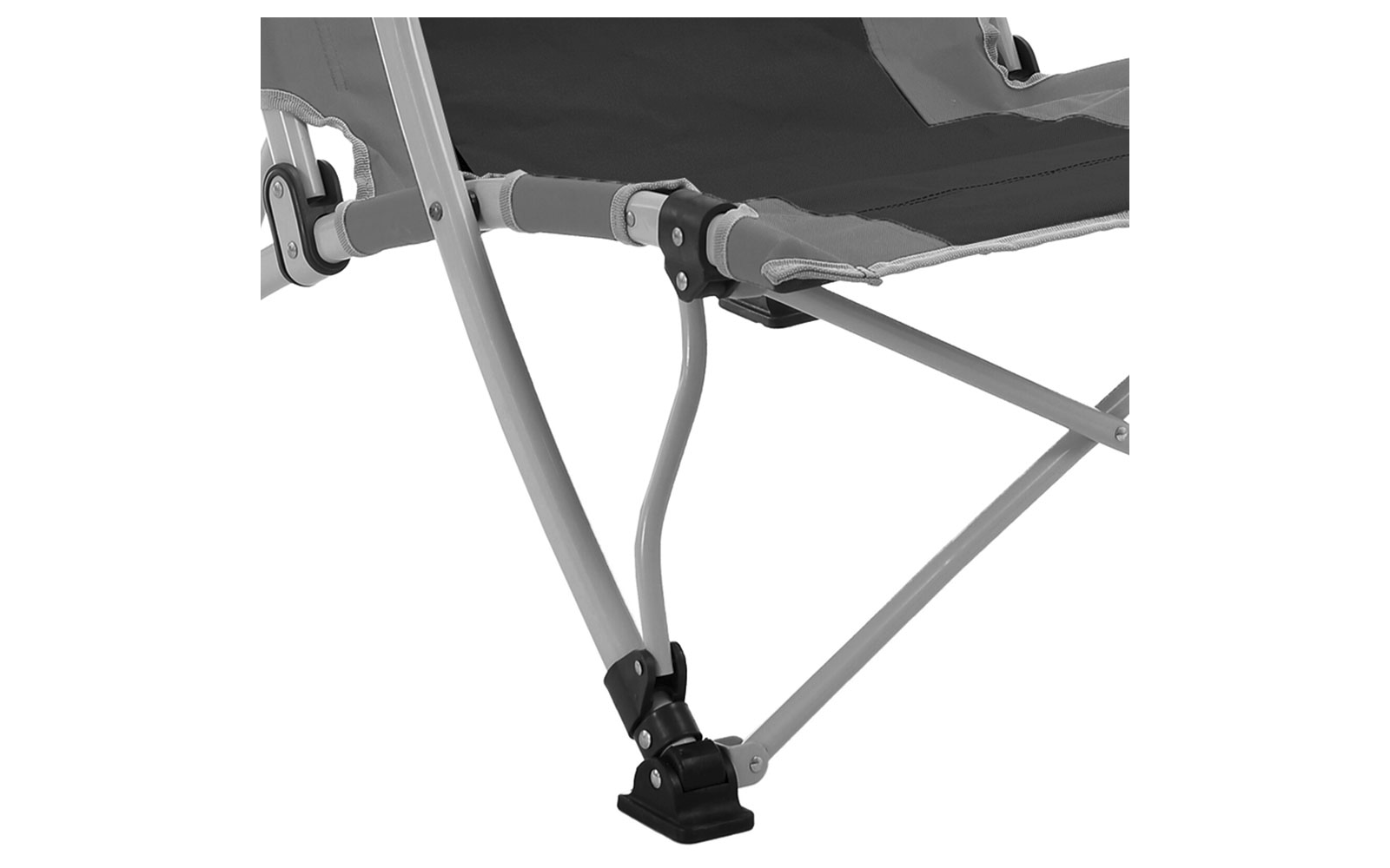 Close-up of a metal frame with a grey fabric seat, hinges and black plastic feet