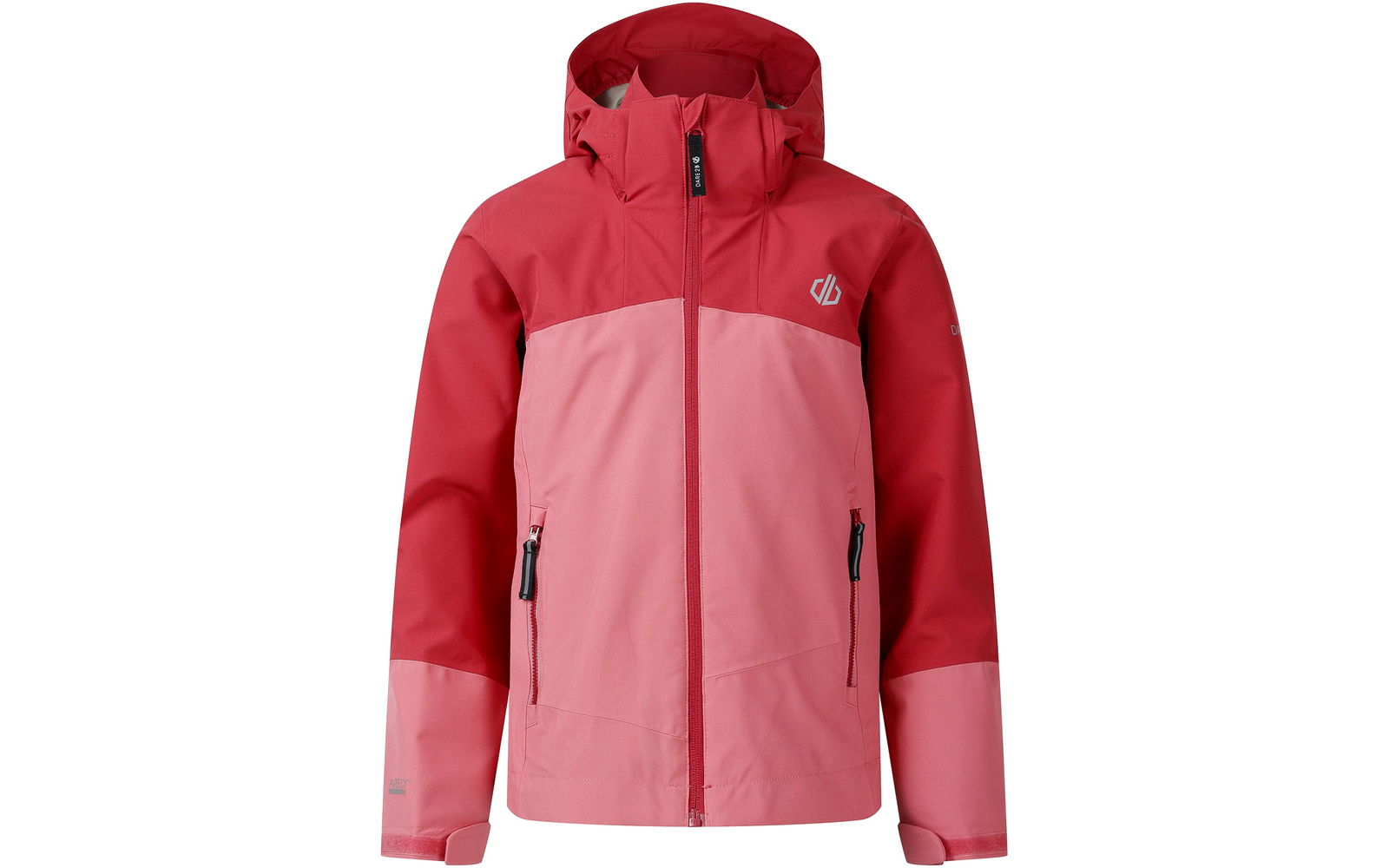 Zweifarbige rote und rosa Jacke mit Kapuze, mittigem Reißverschluss, zwei Reißverschlusstaschen und kleinem weißen Logo auf der Brust