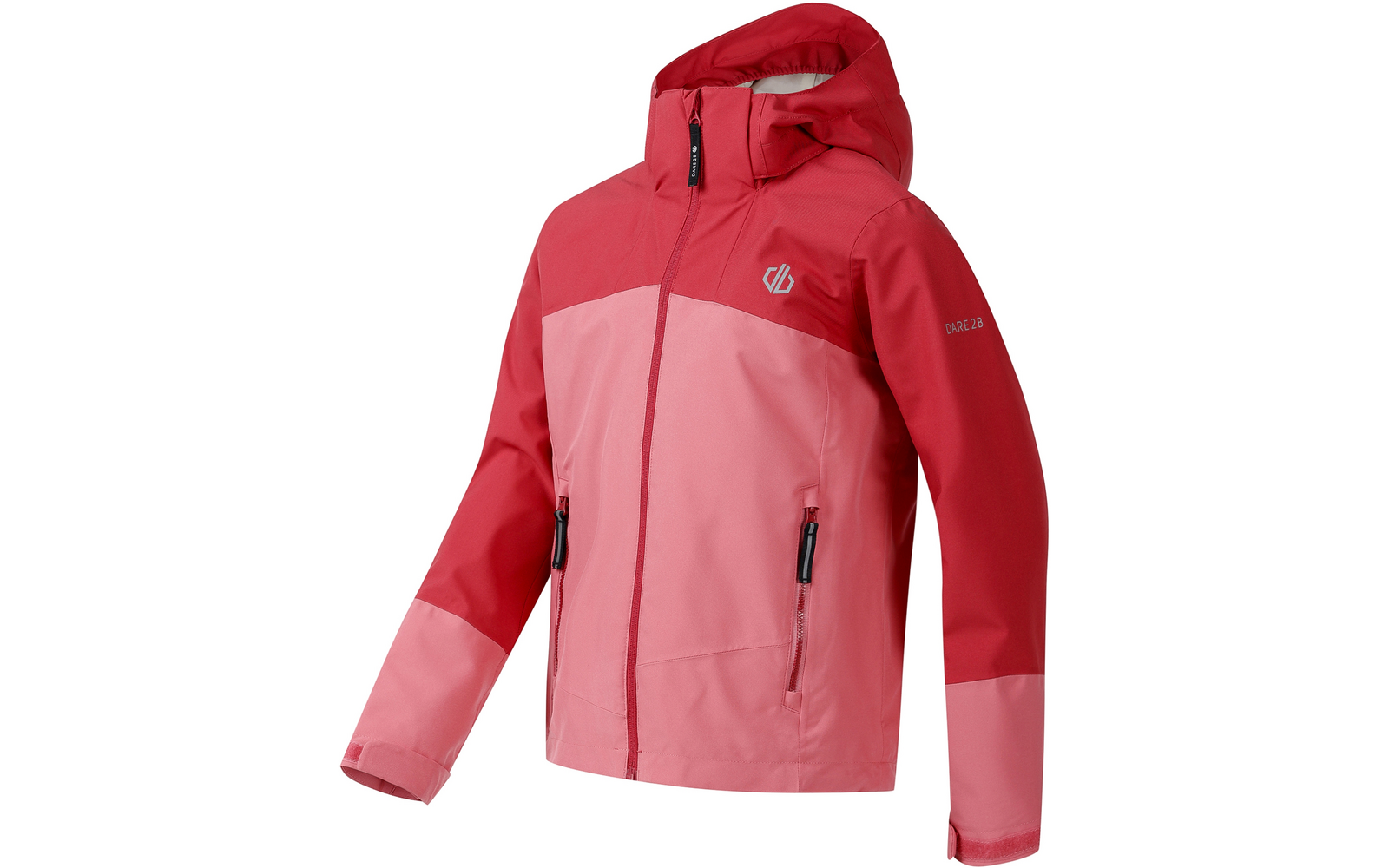 Zweifarbige Jacke (rot und rosa) mit Kapuze, durchgehendem Reißverschluss, zwei seitlichen Reißverschlusstaschen und kleinem Logo auf der linken Brust