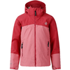 Zweifarbige rote und rosa Jacke mit Kapuze, mittigem Reißverschluss, zwei Reißverschlusstaschen und kleinem weißen Logo auf der Brust