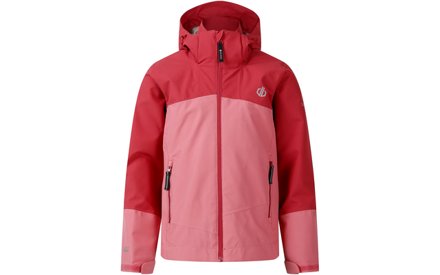 Zweifarbige rote und rosa Jacke mit Kapuze, mittigem Reißverschluss, zwei Reißverschlusstaschen und kleinem weißen Logo auf der Brust