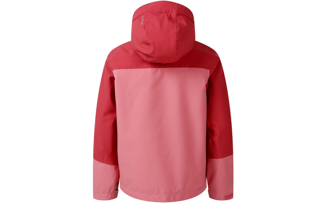 Rückansicht einer zweifarbigen roten und rosa Kapuzenjacke mit langen Ärmeln