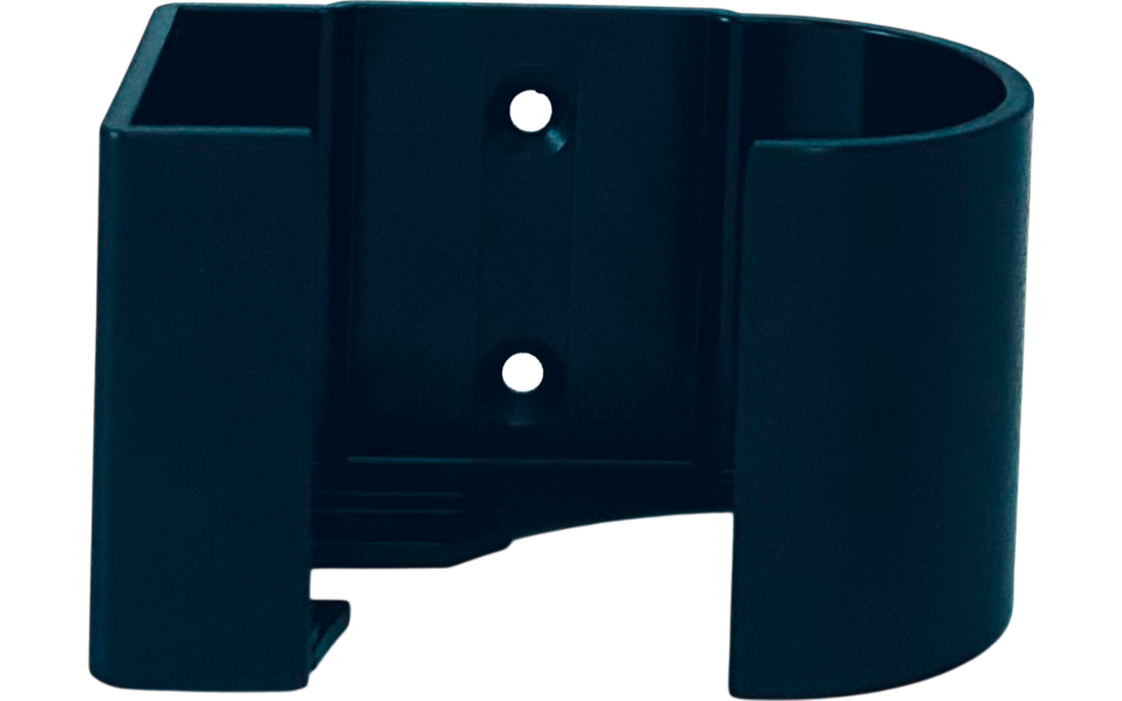 Dunkles Kunststoffteil mit gebogener, offener rechter Seite, flacher linker Fläche und zwei runden Schraublöchern in der Mitte