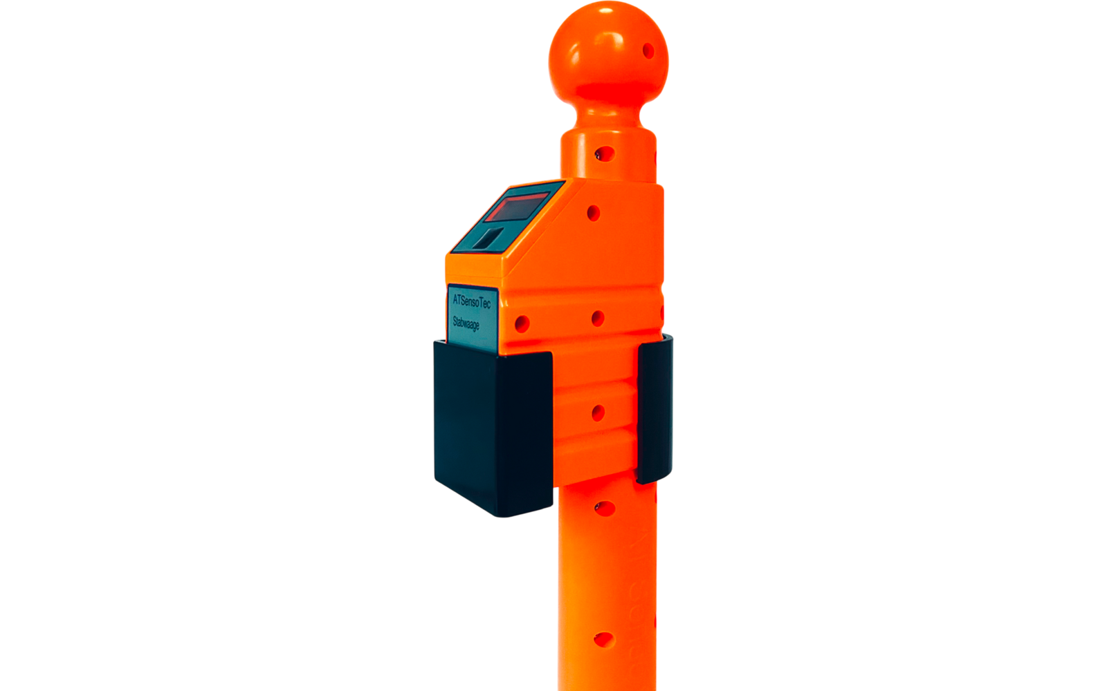 Oranger Kunststoffstab mit rundem, kugelförmigem Kopf, seitlich ein kleines blaues Display, mehrere kleine Löcher im Kopf und Schaft, schwarzer rechteckiger Sockel mit weißem Etikett und zwei schwarzen seitlichen Halterungen