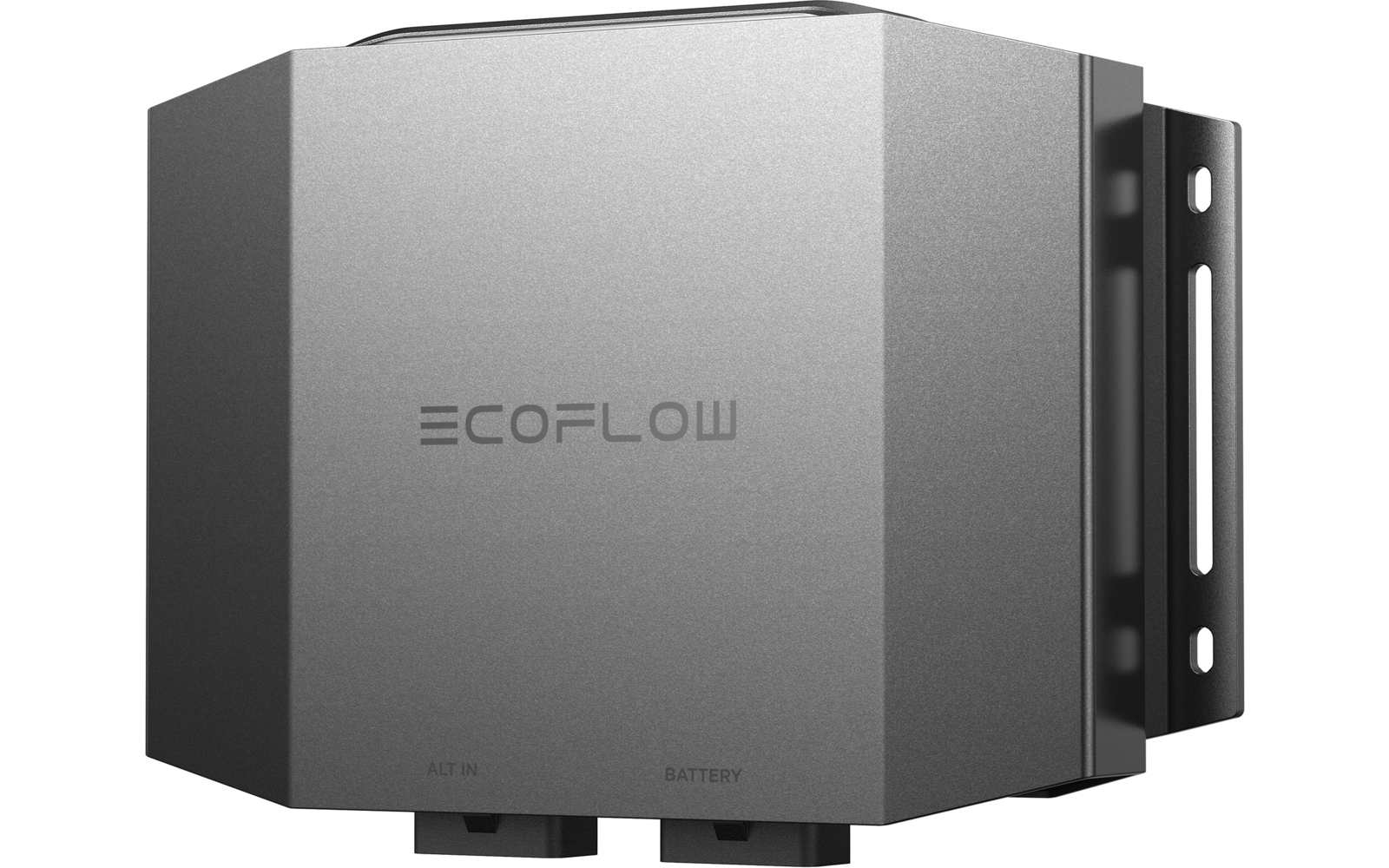 Graues metallisches rechteckiges Gehäuse mit abgeschrägten Kanten, vorne Schriftzug "ECOFLOW", rechts schwarze Montagehalterung mit Schraubenlöchern, unten zwei flache Anschlüsse mit kleinen Beschriftungen