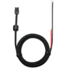 Schwarzes Kabel zu einer Schlaufe gelegt, an einem Ende schwarzer rechteckiger Stecker und zylindrischer schwarzer Aufsatz am Kabel, am anderen Ende zwei getrennte Drähte (rot und schwarz) mit freiliegenden Metallenden