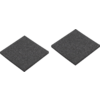 Zwei quadratische, dunkelgraue, leicht texturierte Platten auf weißem Hintergrund, leicht versetzt und gedreht