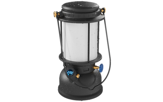 Lanterna nera con vetro cilindrico, display digitale '220V', gocce d'acqua, manopola blu e dettagli dorati