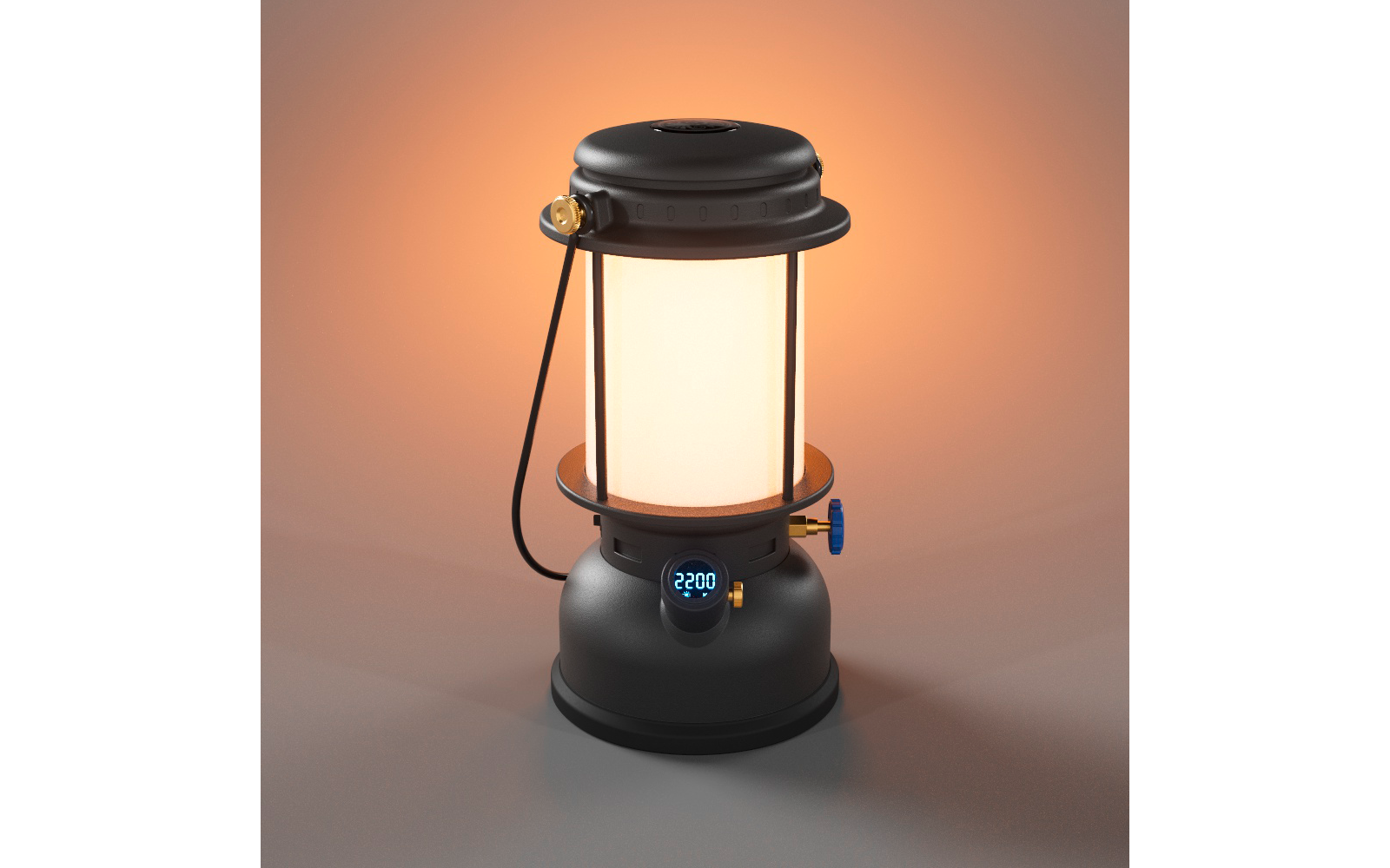 Lanterna nera con diffusore luminoso cilindrico bianco, base rotonda, display digitale con "22:00", manopola blu e maniglia nera su sfondo arancione