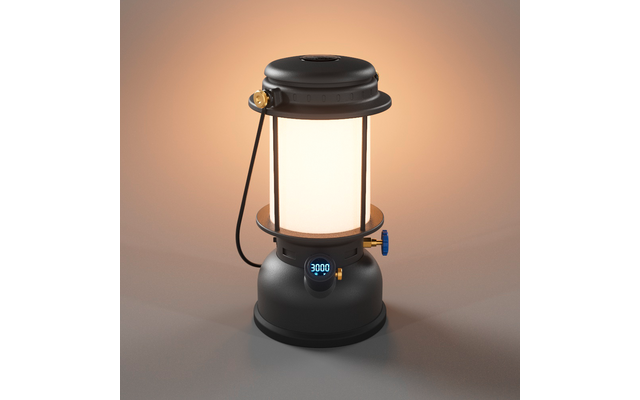 Lanterna rotonda nera con diffusore cilindrico bianco, display digitale '3000', manopole dorate e blu, maniglia di trasporto, luce chiara e calda