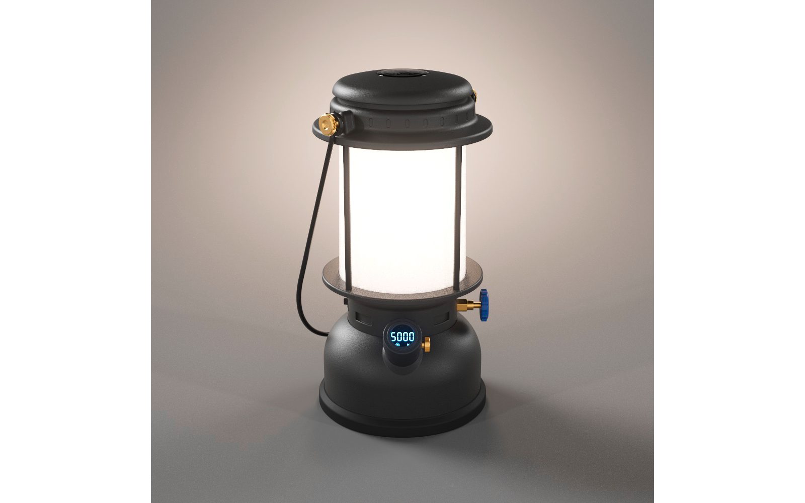 Lanterna in metallo grigio scuro con diffusore bianco cilindrico, accesa; display digitale mostra '5000'; comandi dorati, manopola blu, sottile maniglia